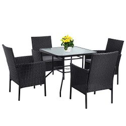 Shintenchi Indoor Outdoor 5 Pieces Patio Dining Sets, Wicker Rattan Outdoor Square Glass Top Pat ...