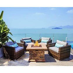 COSIEST 5-Piece Faux Brown Propane Fire Pit Outdoor Furniture Brown Chairs, Warm Gray Wicker Thi ...