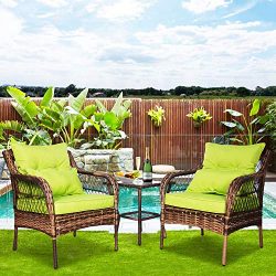 FUNKOCO 3 Pieces Patio PE Rattan Conversation Chair Set, Outdoor Furniture Set with Water-Proof  ...