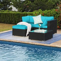 4 Pieces Outdoor Furniture Patio Rattan Loveseat Set All Weather Sectional PE Wicker Sofa Conver ...