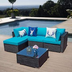 5 Piece Patio Furniture Set, Paito All Weather Black PE Wicker Sectional Sofa, Outdoor Conversat ...